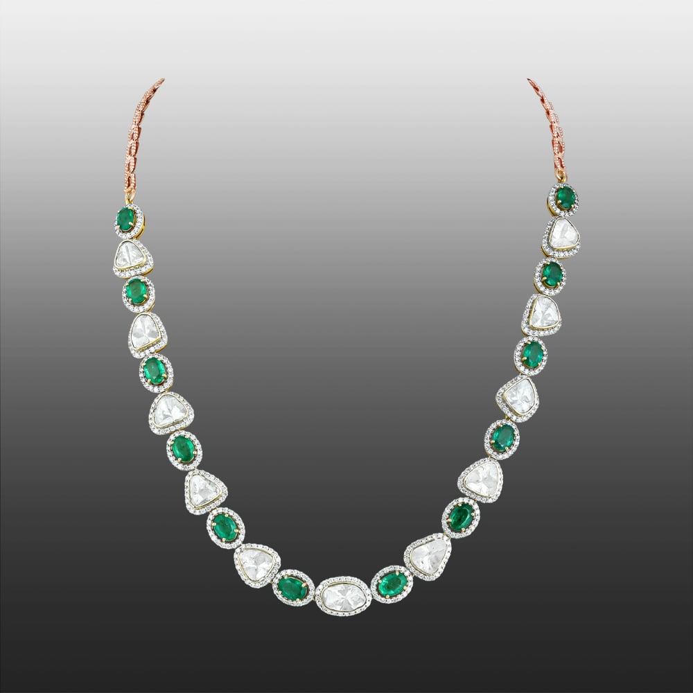 Oval Emerald Necklace with Unshaped Polki & Diamond Halo Borders